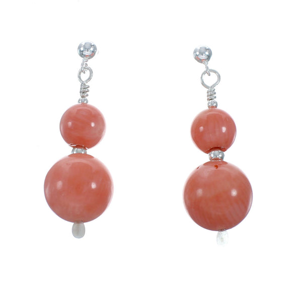 Authentic Southwestern Sterling Silver Pink Coral Bead Post Dangle Earrings X10925