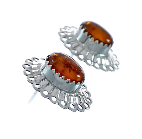 Genuine Native American Amber Sterling Silver Post Earrings X10940