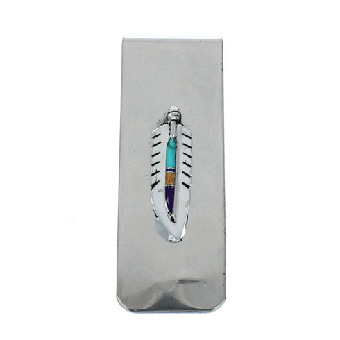 Sterling Silver And Multicolor Inlay Navajo Feather Money Clip X10899