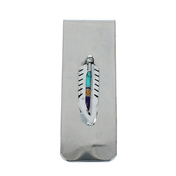 Sterling Silver And Multicolor Inlay Navajo Feather Money Clip X10899