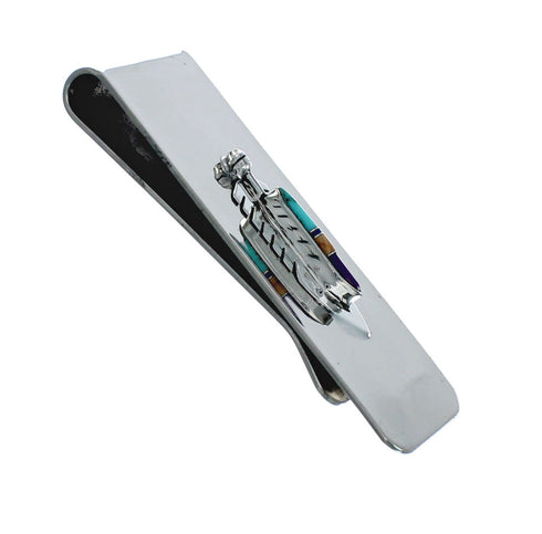Sterling Silver And Multicolor Inlay Navajo Feather Money Clip X10899