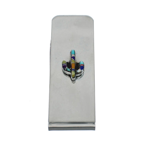 Sterling Silver And Multicolor Inlay Navajo Cactus Money Clip X10900