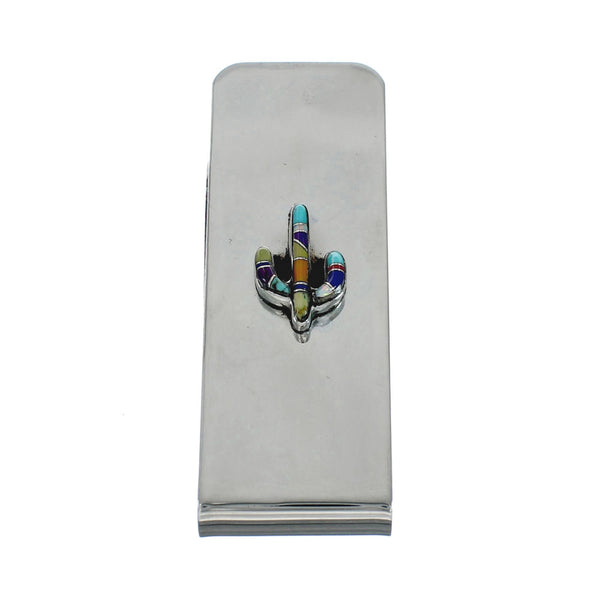 Sterling Silver And Multicolor Inlay Navajo Cactus Money Clip X10900