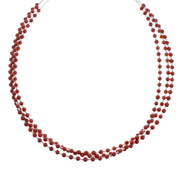 Native American 3-Strand Authentic Sterling Silver Coral Bead Necklace X10919