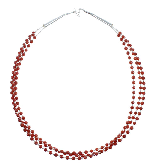 Native American 3-Strand Authentic Sterling Silver Coral Bead Necklace X10919