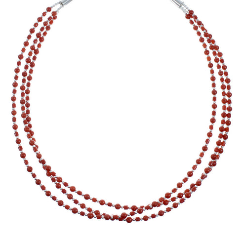 Native American 3-Strand Authentic Sterling Silver Coral Bead Necklace X10920