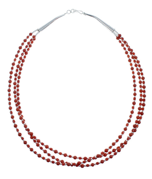 Native American 3-Strand Authentic Sterling Silver Coral Bead Necklace X10920