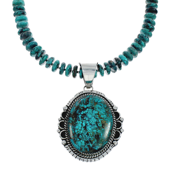 Navajo Turquoise Sterling Silver Bead Necklace And Pendant Set X10854