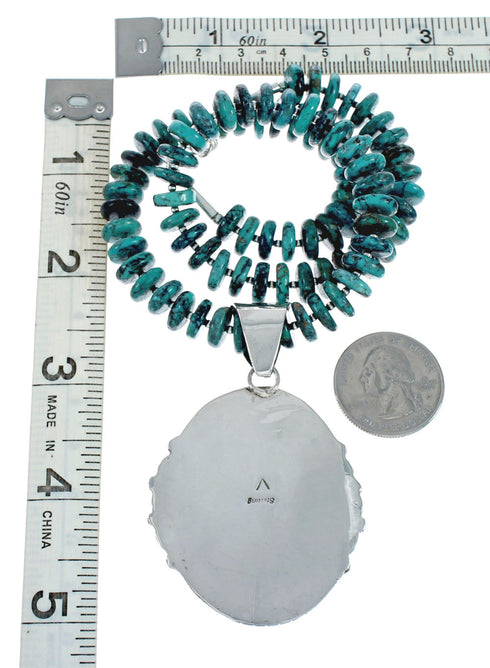 Navajo Turquoise Sterling Silver Bead Necklace And Pendant Set X10854