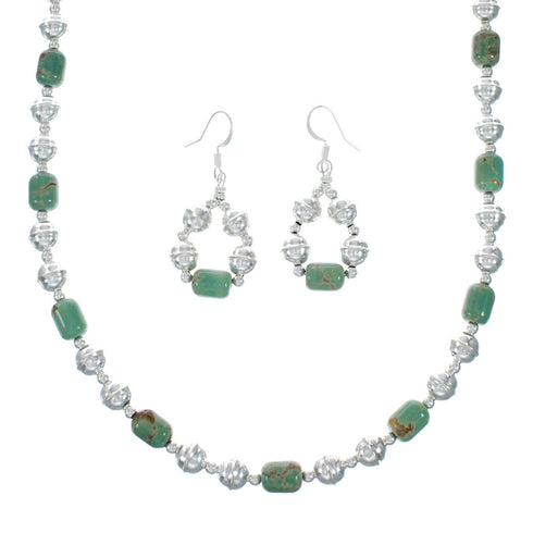 Native American Turquoise Sterling Silver Bead Necklace And Earrings Set X10856