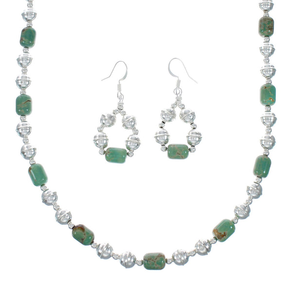 Native American Turquoise Sterling Silver Bead Necklace And Earrings Set X10856