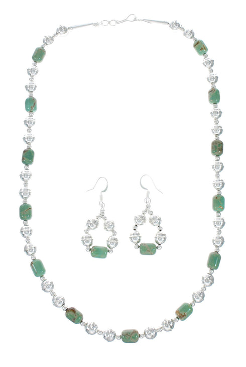 Native American Turquoise Sterling Silver Bead Necklace And Earrings Set X10856