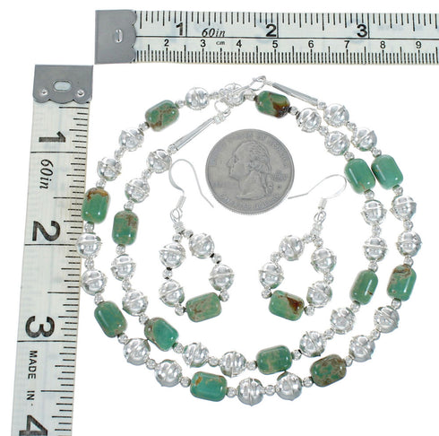 Native American Turquoise Sterling Silver Bead Necklace And Earrings Set X10856
