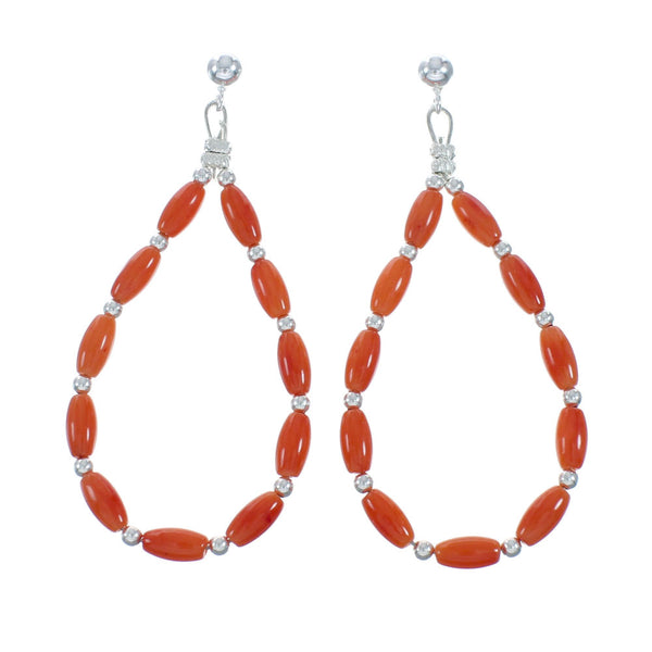 Navajo Coral Bead Post Dangle Sterling Silver Earrings X10970