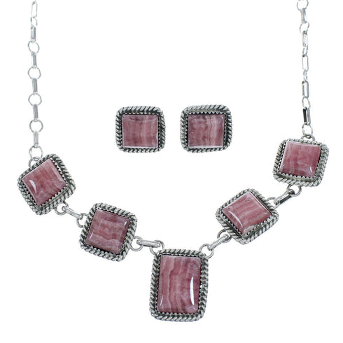 Native American Authentic Navajo Rhodochrosite Sterling Silver Necklace Set X11029