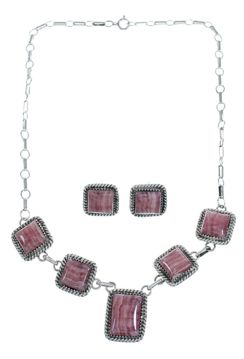 Native American Authentic Navajo Rhodochrosite Sterling Silver Necklace Set X11029