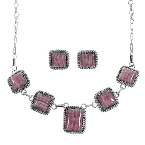 Native American Authentic Navajo Rhodochrosite Sterling Silver Necklace Set X11030