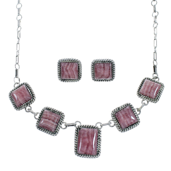 Native American Authentic Navajo Rhodochrosite Sterling Silver Necklace Set X11030
