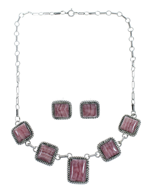 Native American Authentic Navajo Rhodochrosite Sterling Silver Necklace Set X11030