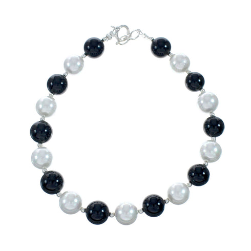 Sterling Silver Mother Of Pearl and Onyx Bead Bracelet X11074