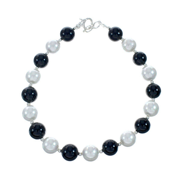 Sterling Silver Mother Of Pearl and Onyx Bead Bracelet X11074