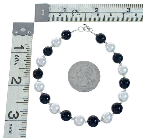 Sterling Silver Mother Of Pearl and Onyx Bead Bracelet X11074