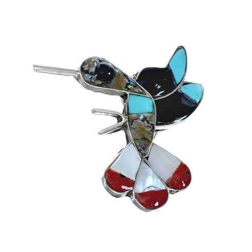 Zuni Multicolor Inlay Genuine Sterling Silver Hummingbird Pin Pendant NN20454