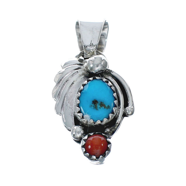 Turquoise Coral Sterling Silver Navajo Indian Pendant NN20452