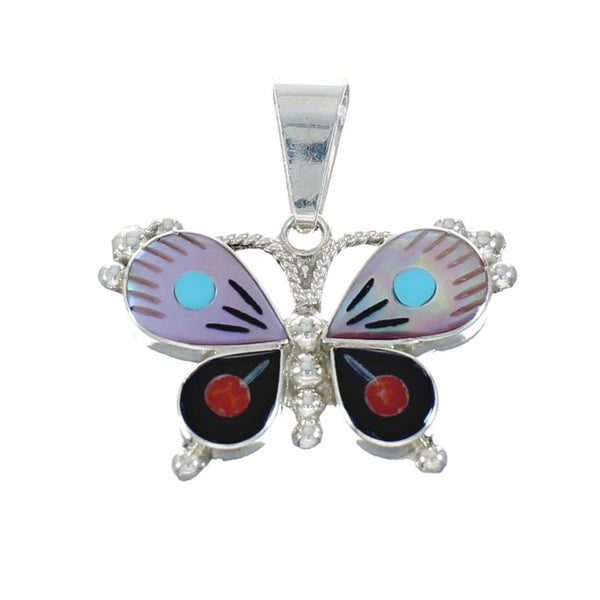 Native American Zuni Multicolor Sterling Silver Butterfly Pendant NX11570