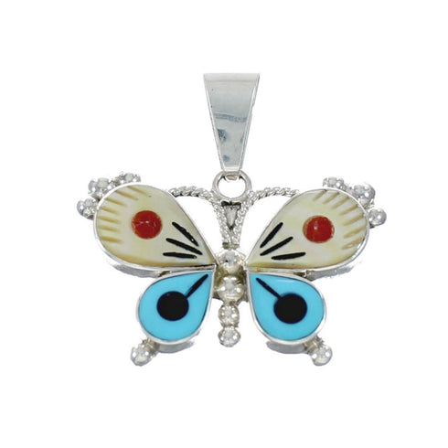 Native American Zuni Multicolor Sterling Silver Butterfly Pendant NX11571