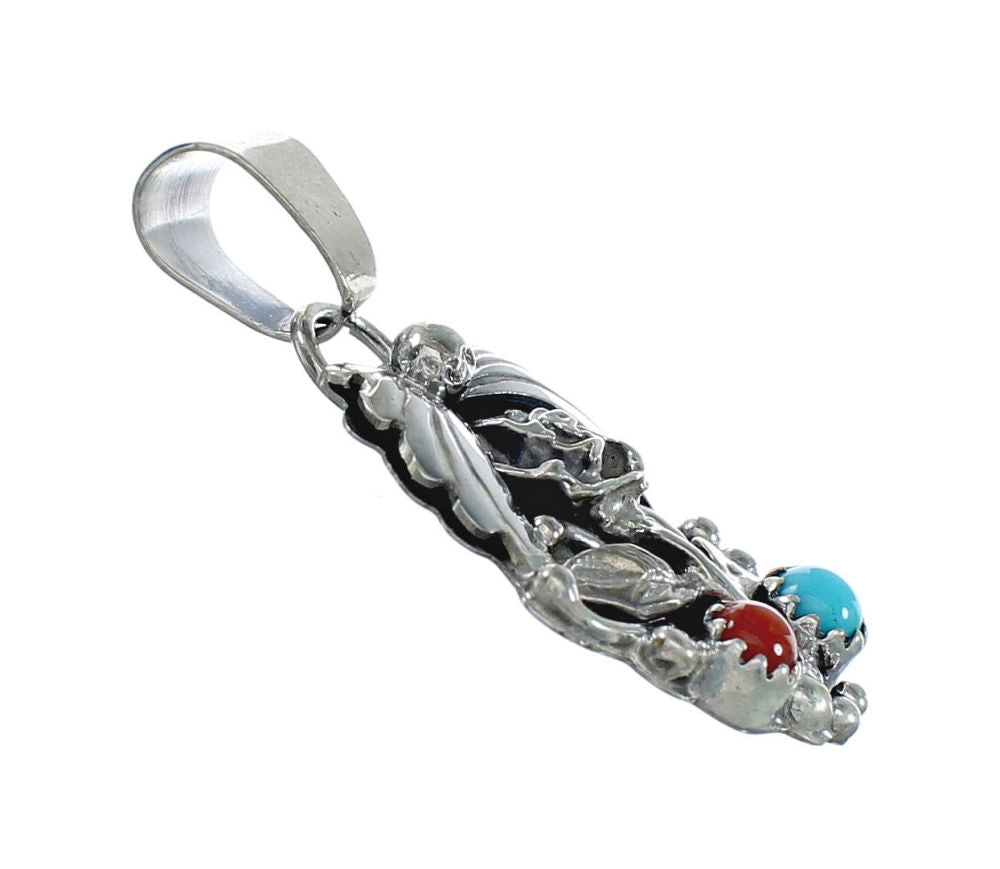 Genuine Navajo Indian Turquoise Coral Sterling Silver Pendant
