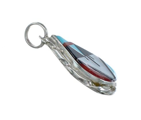Zuni Indian Tear Drop Sterling Silver And Multicolor Inlay Pendant NX11572