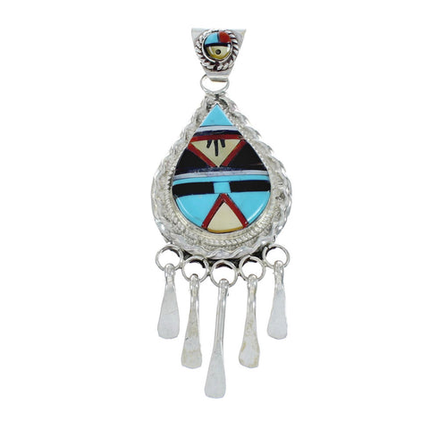 Native American Zuni Multicolor Sterling Silver Sun Tear Drop Pendant NX11563