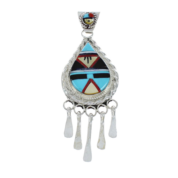 Native American Zuni Multicolor Sterling Silver Sun Tear Drop Pendant NX11563