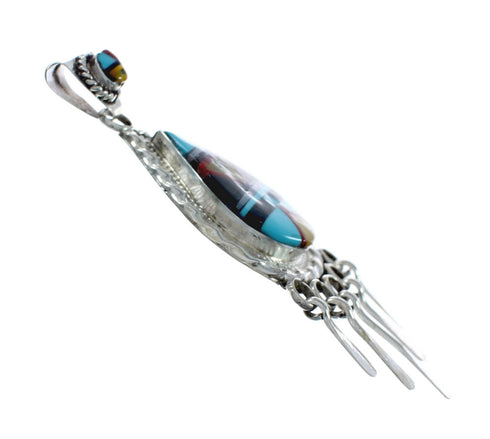 Native American Zuni Multicolor Sterling Silver Sun Tear Drop Pendant NX11563