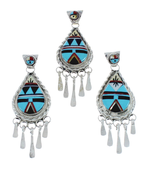 Native American Zuni Multicolor Sterling Silver Sun Tear Drop Pendant NX11563