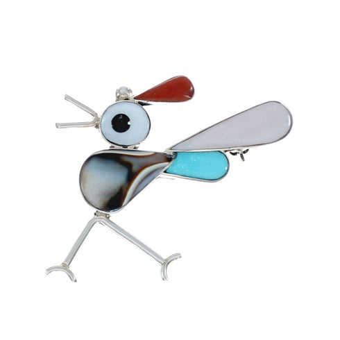 Native American Zuni Sterling Silver Multicolor Road Runner Pin Pendant NX11561