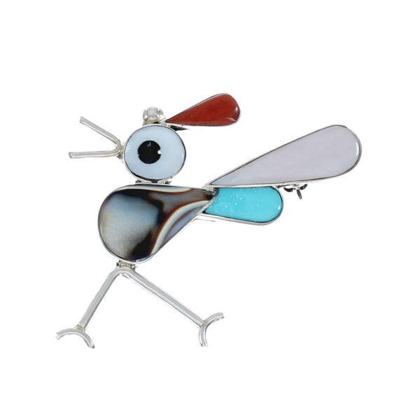 Native American Zuni Sterling Silver Multicolor Road Runner Pin Pendant NX11561