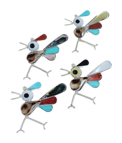 Native American Zuni Sterling Silver Multicolor Road Runner Pin Pendant NX11561