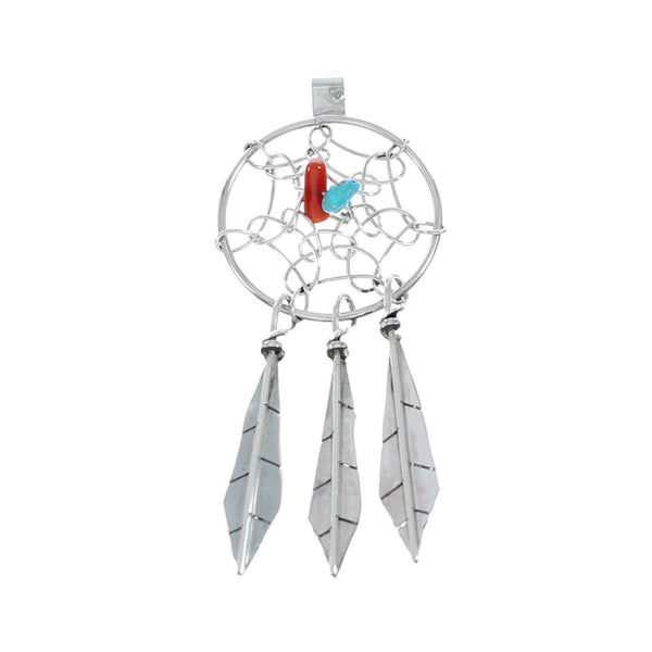 Turquoise And Coral Sterling Silver Dream Catcher Feather Navajo Pendant NN20447