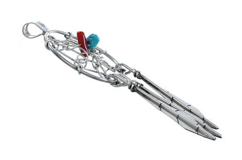 Turquoise And Coral Sterling Silver Dream Catcher Feather Navajo Pendant NN20447