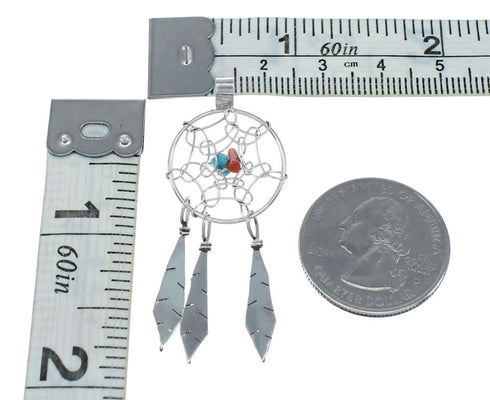 Turquoise And Coral Sterling Silver Dream Catcher Feather Navajo Pendant NN20447