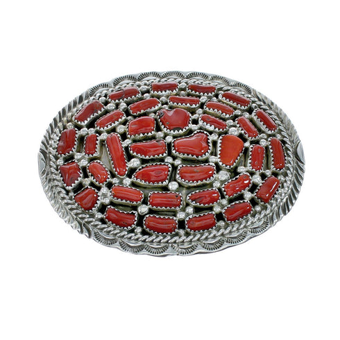 Coral American Indian Sterling Silver Belt Buckle NN20485