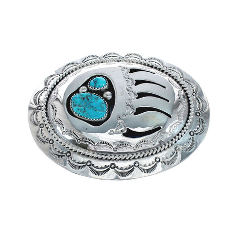 Native American Genuine Sterling Silver Turquoise Bear Paw Belt Buckle NN20484