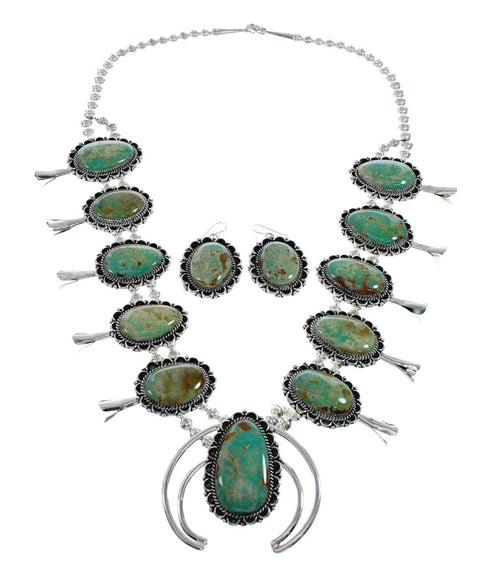 Navajo Kingman Turquoise Sterling Silver Naja Squash Blossom Necklace Set NX11614