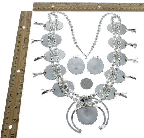 Navajo Kingman Turquoise Sterling Silver Naja Squash Blossom Necklace Set NX11614