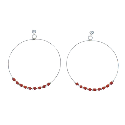 Native American Coral Genuine Sterling Silver Post Hoop Earrings NX11642