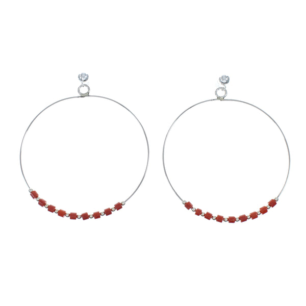 Native American Coral Genuine Sterling Silver Post Hoop Earrings NX11642