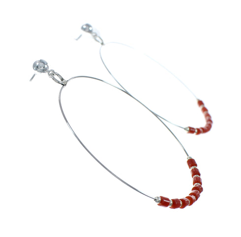 Native American Coral Genuine Sterling Silver Post Hoop Earrings NX11642