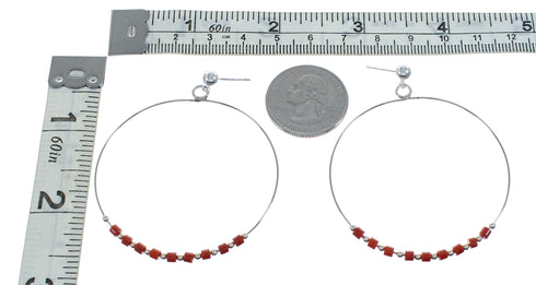 Native American Coral Genuine Sterling Silver Post Hoop Earrings NX11642